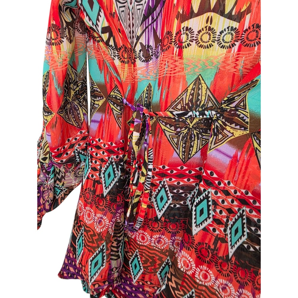Emma K Womens Multicolor Geometric Tribal Print Tie Back Button Down Blouse S - Picture 7 of 11